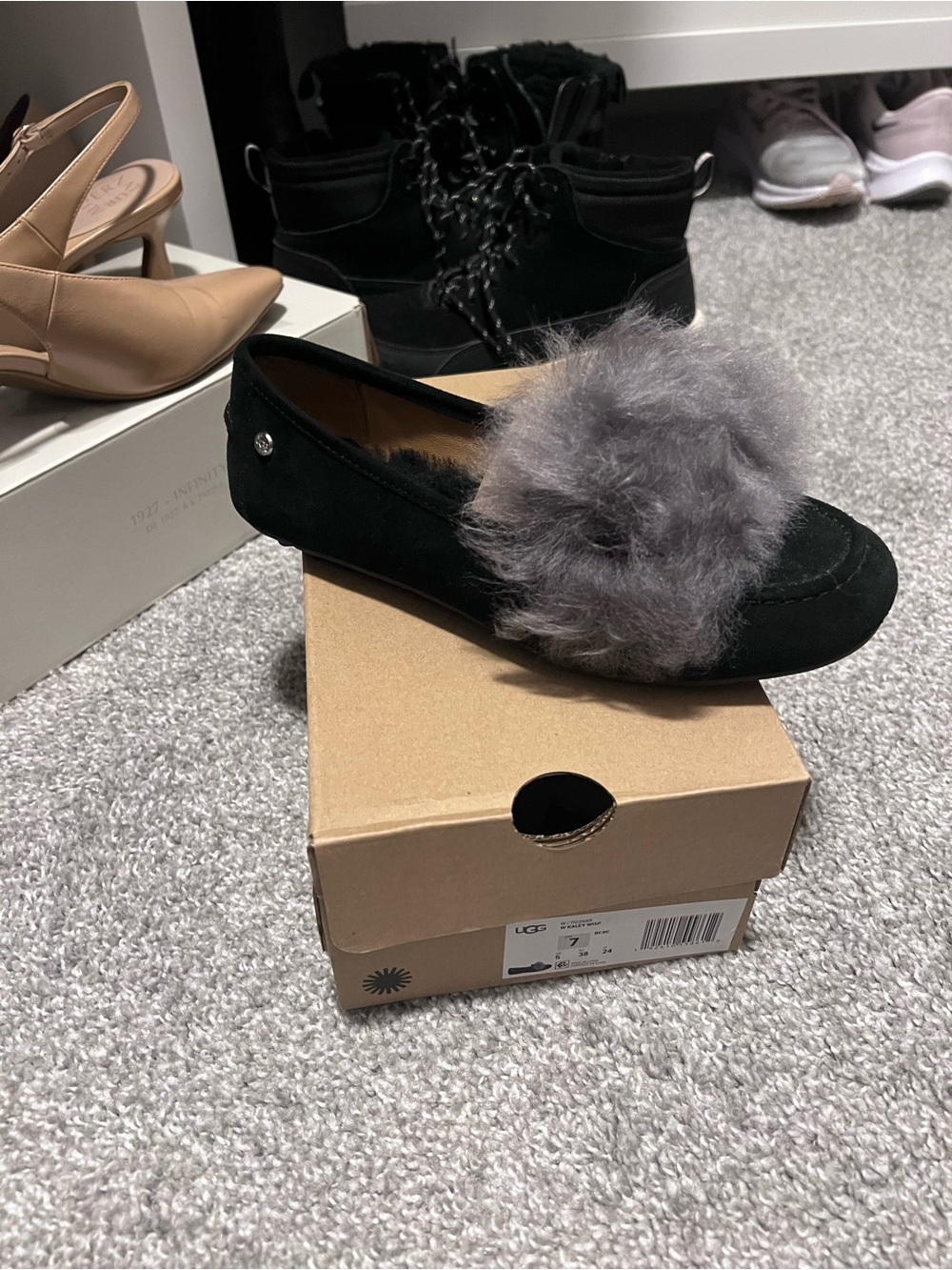 UGG Kaley Wisp Fur Trim Black Loafers - Women